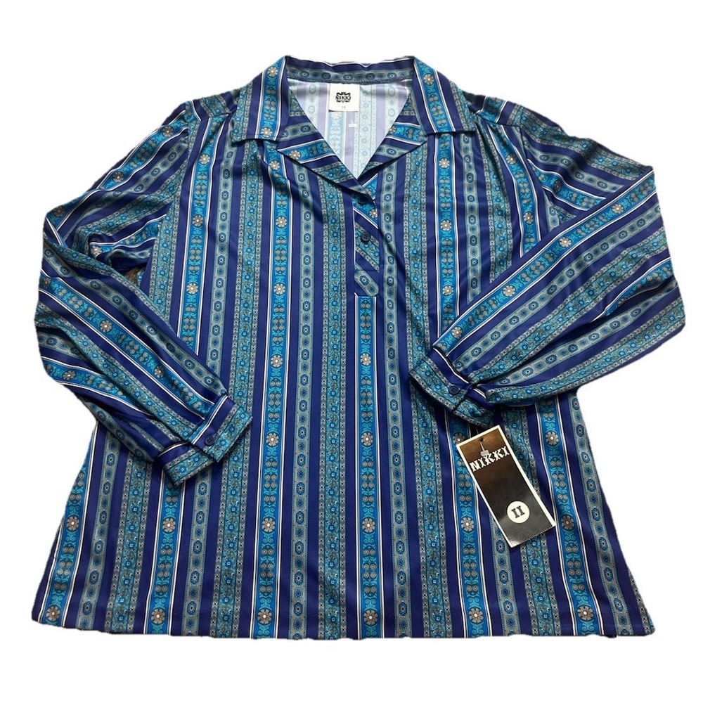 Vtg Nikki Women's Button Up Blouse Retro Blue NOS Size 38